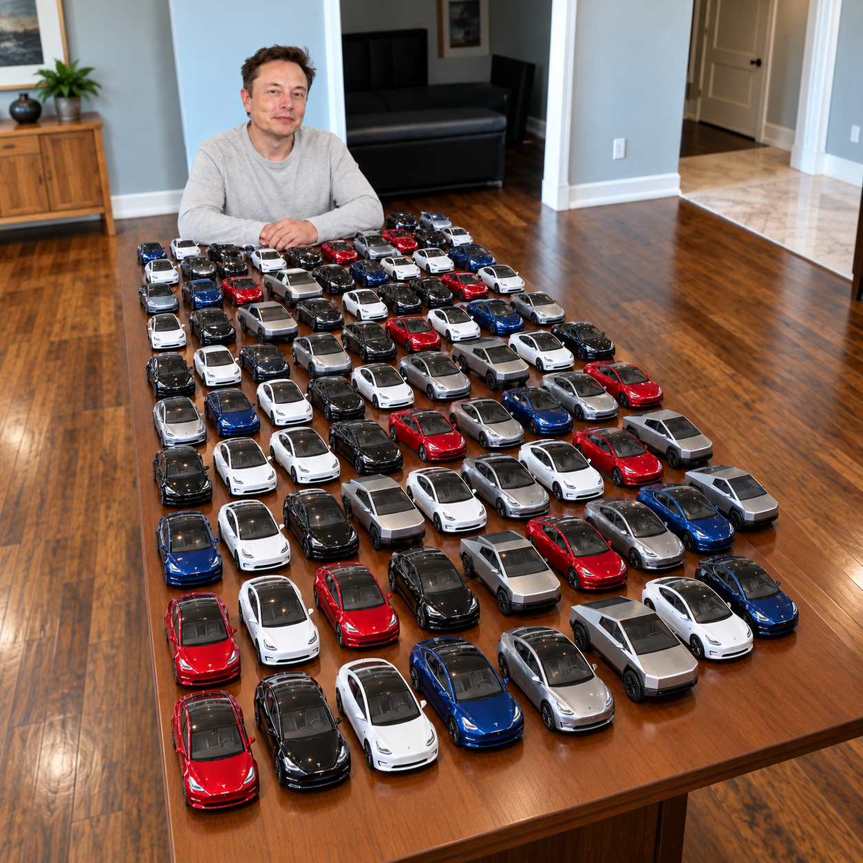 A playful edited image of Elon Musk seated at a wooden table covered with miniature Tesla cars and Cybertrucks